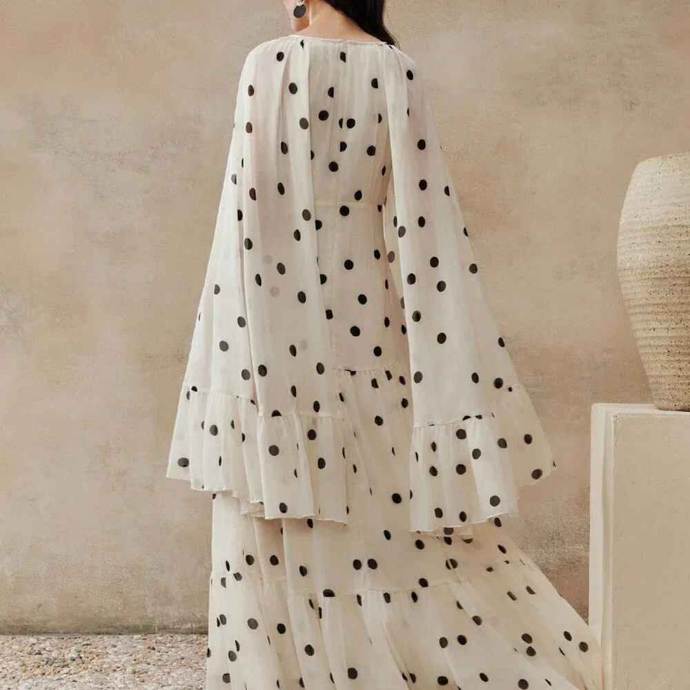 Beige Elegant Women's Long Polka Dot Flared Hem Dress